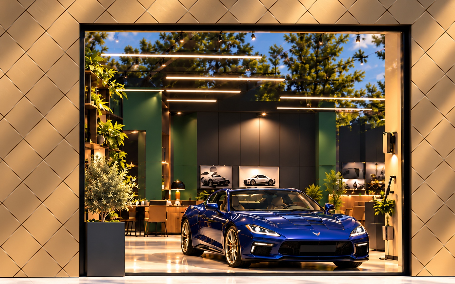 Automobil-Showroom Wuppertal – Schaufensterbild 04 mit blauem Sportwagen, harmonisiert mit Bild 03