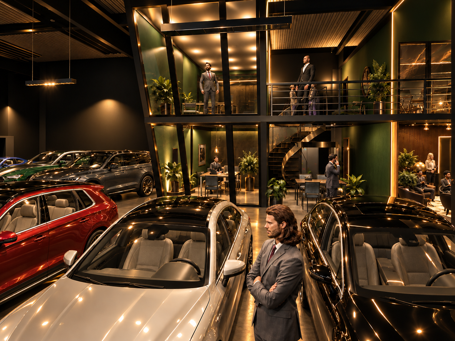 Raumstruktur des Showrooms mit 20°-Kanzeln, hochwertiger Materialität und Fahrzeugpräsentation