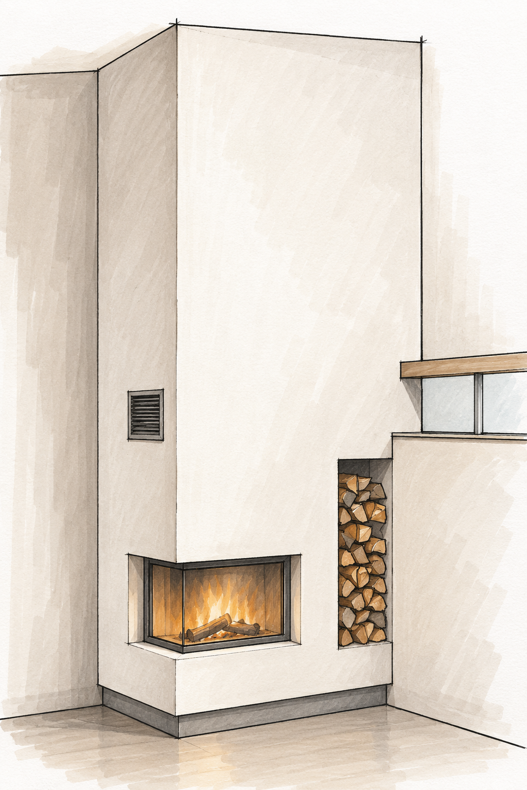 Copic-Darstellung des geplanten Kamins mit integriertem Holzfach