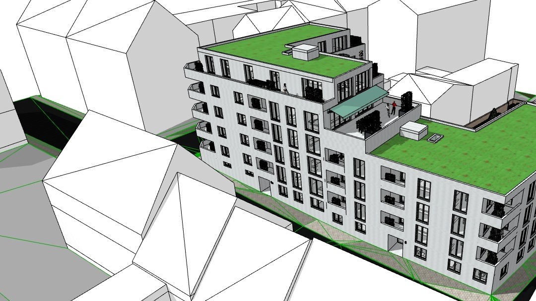 Modellstudie der Eckbebauung im Straßenraum ohne identifizierende Beschriftung