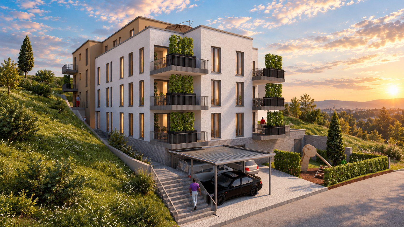 Aktualisierte Archicad-Modellstudie – Straßenansicht mit Carport, Spielplatz und Hanglage