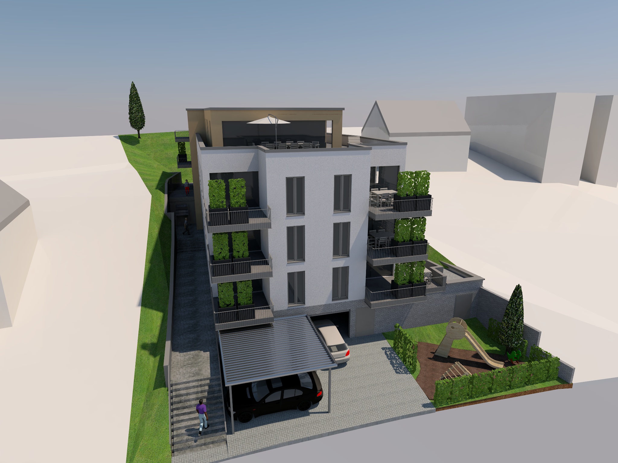 Aktualisierte Modellstudie – Straßenseite mit Erschließung, Carport und Spielbereich