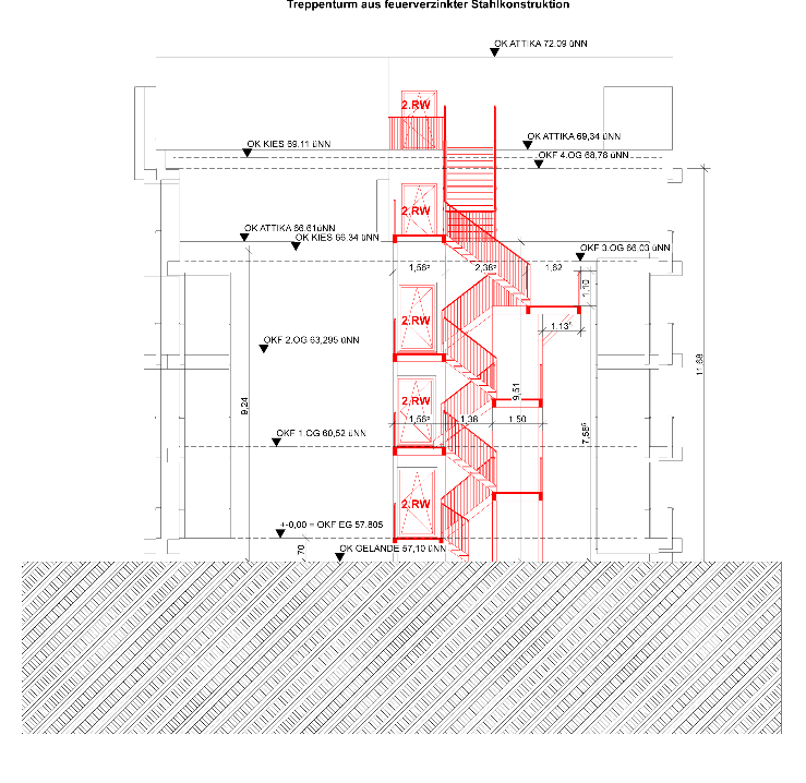Schnitt 2-2 durch den geplanten Treppenturm