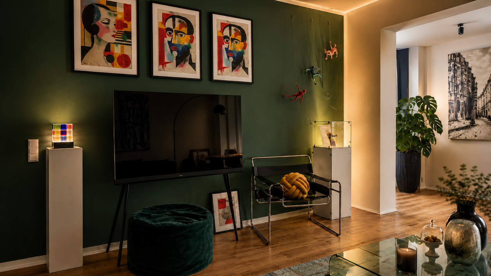 Wohnraum mit grüner Akzentwand, Kunst, Designmöbeln und warmer Lichtstimmung