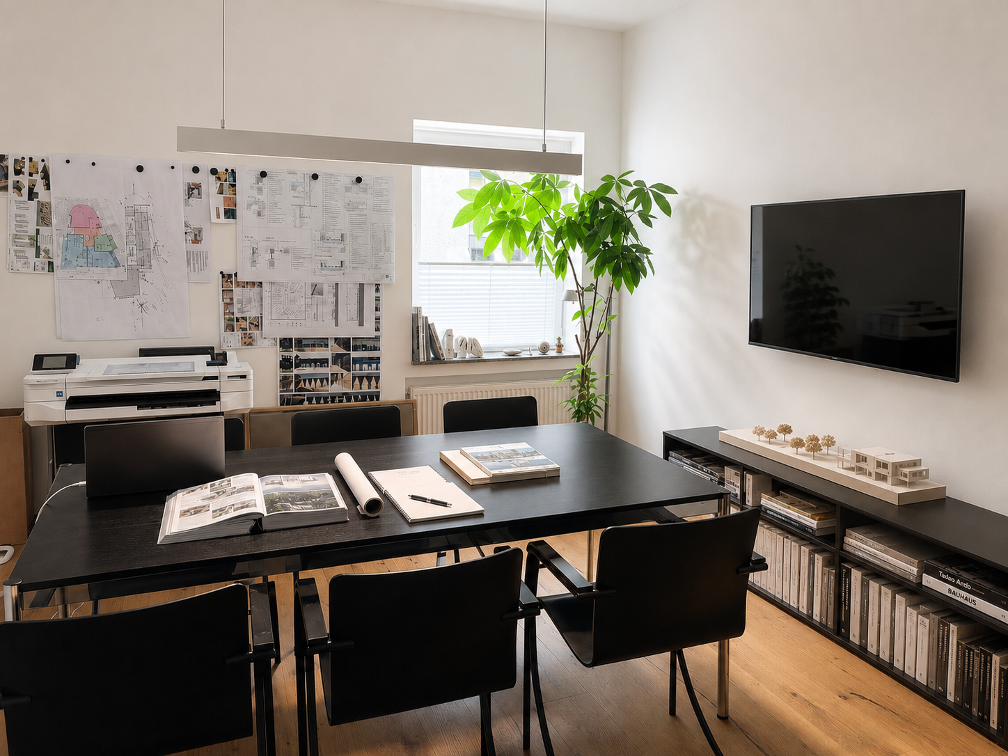 Besprechungsraum von atelier ruggiero mit Präsentationsbildschirm, Plänen und Architekturmodell
